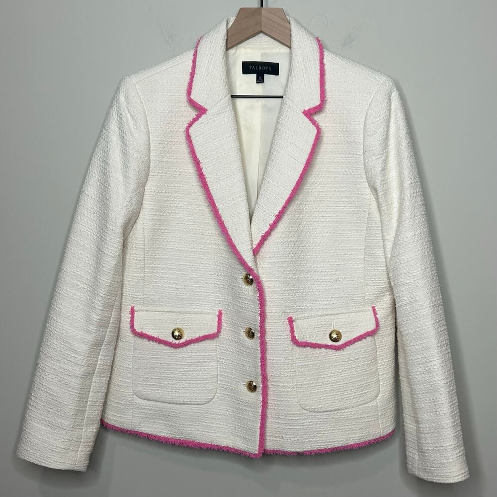 Talbots Cream Tweed Blazer Jacket Size 10 Pink Trim Preppy - Picture 2 of 10